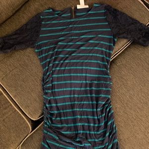 Teal/navy midi maternity dress, lace sleeves